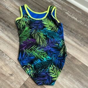 Destira Blue Leaf Print Sleeveless Gymnastics Leotard child large size 10